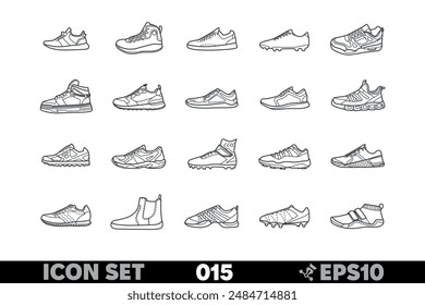 Collection of 20 linear icons depicting various types of sneakers for sports and activities. Includes running, basketball, tennis, soccer, training, skateboarding, hiking, minimalist, fitness