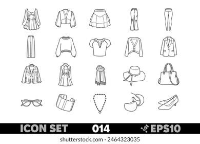 Collection of 20 linear icons of women's clothing and accessories. Simple black and white vector illustrations in a minimalist line style, including dresses, blouses, skirts, jeans, leggings, pants