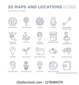 Collection of 20 Maps and Locations linear icons such as No waiting, stopping, Location, location data, Location off line icons with thin line stroke, vector illustration of trendy icon set.