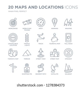 Collection of 20 Maps and Locations linear icons such as Worldwide, World Map Folded, Segment Path, Shopping Pin, , Walking line icons with thin line stroke, vector illustration of trendy icon set.