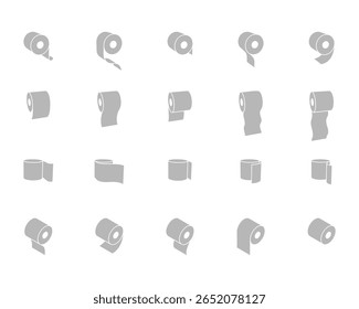 Coleção de 20 ícones de rolo de papel higiênico cinza minimalista, mostrando vários ângulos e perspectivas. Perfeito para higiene, limpeza e projetos relacionados ao banheiro.
