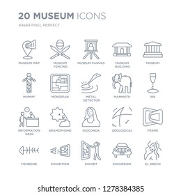 Collection of 20 Museum linear icons such as museum Map, Fencing, Exhibit, Exhibition, Fishbone, Museum, Mammoth line icons with thin line stroke, vector illustration of trendy icon set.