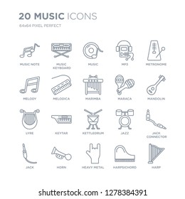 Collection of 20 Music linear icons such as note, music Keyboard, Heavy metal, Horn, Jack, Metronome, Maraca, Kettledrum line icons with thin line stroke, vector illustration of trendy icon set.