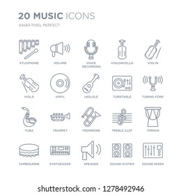 Collection of 20 Music linear icons such as Xylophone, Volume, Speaker, Synthesizer, Tambourine, Violin, Turntable, Trombone line icons with thin line stroke, vector illustration of trendy icon set.