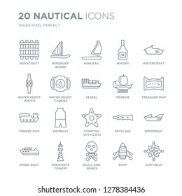 Collection of 20 Nautical linear icons such as Wood Raft, Windsurf Board, Skull and bones, Smeaton's Tower?, Speed boat line icons with thin line stroke, vector illustration of trendy icon set.