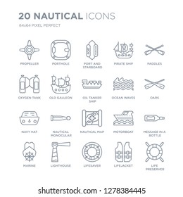 Collection of 20 Nautical linear icons such as Propeller, Porthole, Lifesaver, Lighthouse, marine, Paddles, Ocean Waves line icons with thin line stroke, vector illustration of trendy icon set.