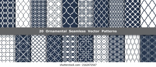 Collection of 20 ornament seamless vector patterns. Set of abstract decorative Arabic vector backgrounds