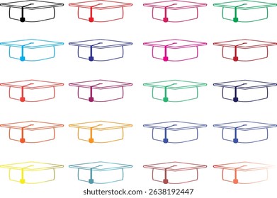 A collection of 20 outlined graduation caps in various styles. Clean, editable line icons perfect for school projects, infographics, invitations, and educational posts.