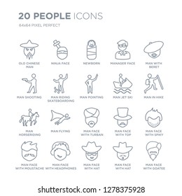 Collection of 20 People linear icons such as Old chinese man, Ninja face, Man face with hat and sunglasses, headphones line icons with thin line stroke, vector illustration of trendy icon set.