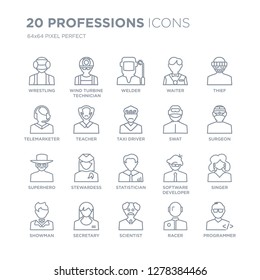 Collection of 20 Professions linear icons such as Wrestling, Wind Turbine Technician, Scientist, secretary, Showman, Thief line icons with thin line stroke, vector illustration of trendy icon set.