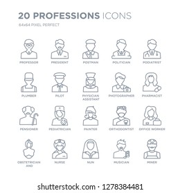 Collection of 20 Professions linear icons such as Professor, President, Nun, Nurse, Obstetrician and Gynecologist, Podiatrist line icons with thin line stroke, vector illustration of trendy icon set.