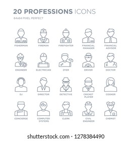 Collection of 20 Professions linear icons such as Fisherman, Fireman, Clerk, Computer Systems Analyst, Concierge line icons with thin line stroke, vector illustration of trendy icon set. Collection of 20 Professions linear icons such as Fisherman, Fireman, Clerk, Computer Systems Analyst, Concierge line icons with thin line stroke, vector illustration of trendy icon set.