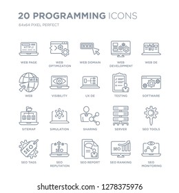 Collection of 20 Programming linear icons such as Web page, optimization, SEO report, Reputation, seo Tags, de line icons with thin line stroke, vector illustration of trendy icon set.