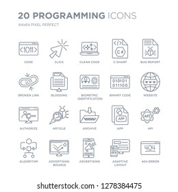 Collection Of 20 Programming Linear Icons Such As Code, Click, Advertising, Advertising Bounce, Algorithm, Bug Report Line Icons With Thin Line Stroke, Vector Illustration Of Trendy Icon Set.