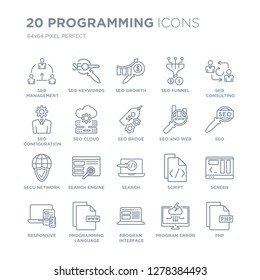 Collection of 20 Programming linear icons such as Seo Management, SEO Keywords, Program Interface, language line icons with thin line stroke, vector illustration of trendy icon set.