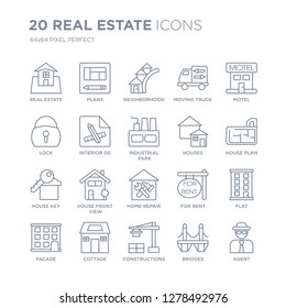 Collection of 20 Real estate linear icons such as estate, Plans, Constructions, Cottage, Facade, Motel, Houses line icons with thin line stroke, vector illustration of trendy icon set.