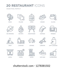 Collection of 20 Restaurant linear icons such as Pizza, Pillow, Hotel, Olives, Napkins, Lounge, Meat, No pets line icons with thin line stroke, vector illustration of trendy icon set.