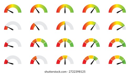 Colección de 20 indicadores y medidores de calibre semicirculares en varios Gradientes de color y posiciones de aguja. Este gráfico de Vector es ideal para métricas de rendimiento, pantallas de progreso y diseño de interfaz de usuario.