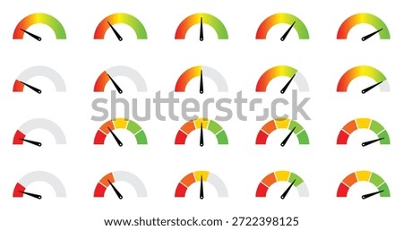 Collection of 20 semicircular gauge indicators and meters in various color gradients and needle positions. This vector graphic is ideal for performance metrics, progress displays, and user interface design.