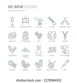 Collection of 20 Sew linear icons such as Dummy, Drawing board, Bobbin, bobbin, Button, crochet hook, Clothing, Clothes line icons with thin line stroke, vector illustration of trendy icon set.
