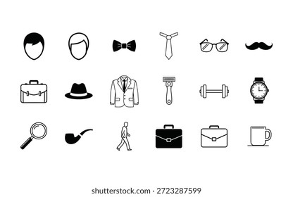 Una colección de 20 íconos simples en blanco y negro relacionados con el aseo personal y los negocios