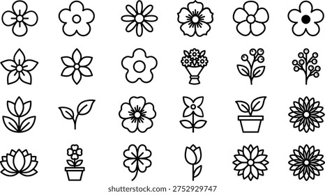 A collection of 20 simple line art illustrations of various flowers and plants, including blooms, foliage, and silhouettes, in a vector design concept, perfect for use as icons, symbols, or graphics in digital and print materials.