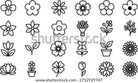 A collection of 20 simple line art illustrations of various flowers and plants, including blooms, foliage, and silhouettes, in a vector design concept, perfect for use as icons, symbols, or graphics in digital and print materials.