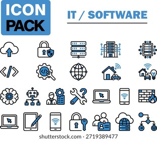 Coleção de 20 ícones de TI e software, incluindo símbolos de segurança, rede e armazenamento de dados, em azul e branco sobre um fundo branco.