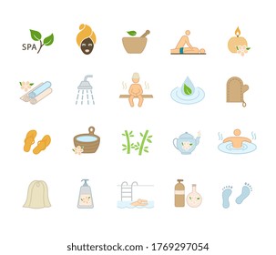 Collection of 20 spa and wellness icons with herbal treatments and health activities isolated on white, colored vector illustration