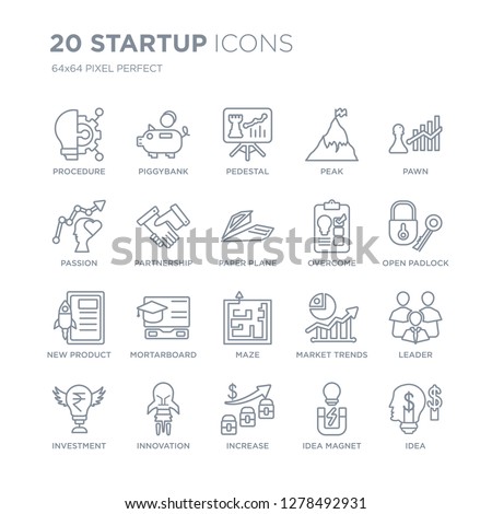 Collection of 20 Startup linear icons such as Procedure, Piggybank, Increase, Innovation, Investment, Pawn, Overcome, Maze line icons with thin line stroke, vector illustration of trendy icon set.