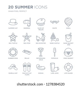 Collection of 20 Summer linear icons such as summer Hat, Snorkel, Ocean, Pair flip flops, Pamela hat, Shell, Sand castle line icons with thin line stroke, vector illustration of trendy icon set.