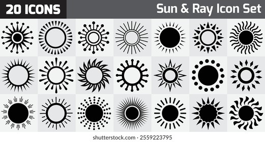 A collection of 20 sun and ray vector icons featuring various designs, including solid, outlined, and abstract styles, perfect for graphic design projects and branding.