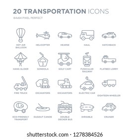 Collection of 20 Transportation linear icons such as Hot air balloon, Helicopter, Double decker bus, dugout canoe line icons with thin line stroke, vector illustration of trendy icon set.