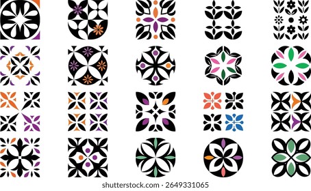 Collection of 20 Unique Geometric Floral Tile Patterns, Black and White with Color Accents
