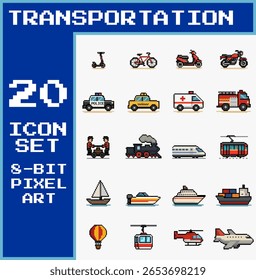 Uma coleção de 20 ícones únicos de transporte pixel art em estilo retro de 8 bits. Inclui veículos terrestres, marítimos e aéreos, como bicicleta, carro de polícia, bonde, navio de cruzeiro, helicóptero, avião e muito mais
