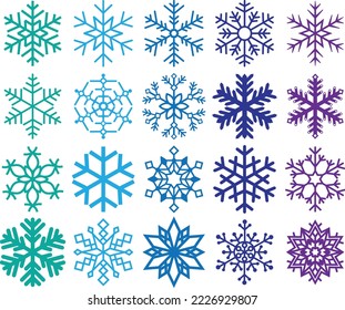 Colección de 20 copos de nieve vectoriales de diferentes estilos únicos. Perfecto para proyectos de invierno o Navidad.