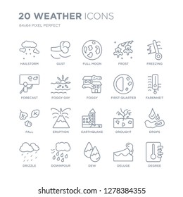 Collection of 20 Weather linear icons such as Hailstorm, Gust, dew, Downpour, Drizzle, Freezing, First quarter, Earthquake line icons with thin line stroke, vector illustration of trendy icon set.