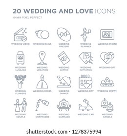 Collection of 20 Wedding and love linear icons such as video, Rings, wedding Carriage, Champagne line icons with thin line stroke, vector illustration of trendy icon set.