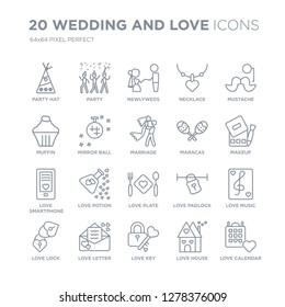 Collection of 20 Wedding and love linear icons such as Party hat, Party, Key, Love letter, Lock, Mustache, Maracas line icons with thin line stroke, vector illustration of trendy icon set.