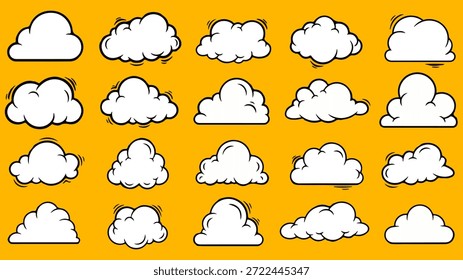 Una colección de 20 nubes blancas estilizadas con contornos negros llamativos en un estilo clásico de cómic, dibujos animados o arte pop. Aislado contra un fondo amarillo vibrante, este conjunto de Vectores es ideal para proyectos de diseño, gráficos de Clima, burbujas de discurso, efectos de explosión o Elementos de fondo retro. Iconos fácilmente escalables y editables.