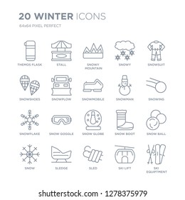 Collection of 20 Winter linear icons such as Themos Flask, Stall, Sled, Sledge, Snow, Snowsuit, Snowman, Snow globe, Snowflake line icons with thin line stroke, vector illustration of trendy icon set.