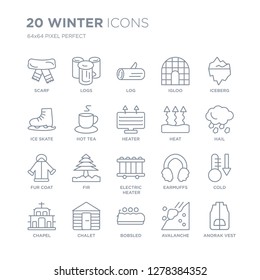 Collection of 20 Winter linear icons such as Scarf, Logs, Bobsled, Chalet, Chapel, Iceberg, Heat, Electric heater, Fur coat line icons with thin line stroke, vector illustration of trendy icon set.