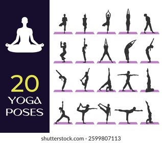 Collection of 20 yoga pose silhouette isolated on white background
