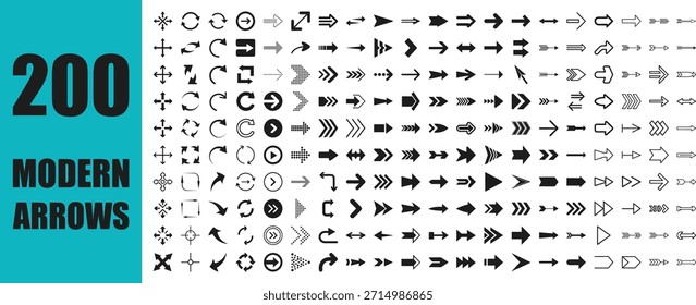 Collection of 200 modern arrow vector icons in multiple styles for UI, web, apps, infographics, and navigation design. Clean, editable, scalable, and ready for professional use.