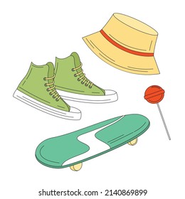 Collection of 2000's elements. Candy, Panama hat, Sneakers , Skateboard. Colored Vector illustration in cartoon style. Boy and Girl casual style. Stylized vector set