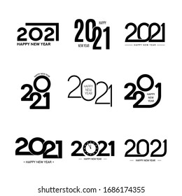 Collection of 2021 happy new year signs. Collection of 2021 happy new year symbols. Vector illustration with black holiday labels isolated on white background.