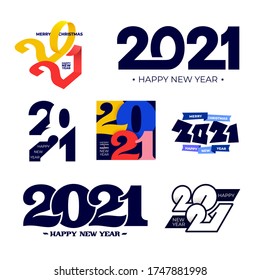 Collection of 2021 Happy New Year signs. Set of 2021 Happy New Year symbols. Greeting card artwork, brochure template. Vector illustration with blue holiday labels isolated on white background.