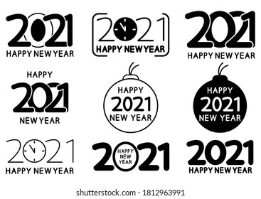 Collection of 2021 happy new year signs. Set of 2021 happy new year symbols. Black holiday labels for greeting card, brochure template, calendar and other. Vector illustration 