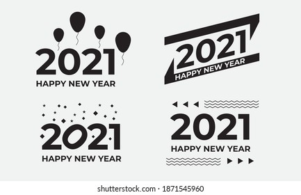 Collection of 2021 happy new year symbols. Vector illustration with black labels isolated on white background.