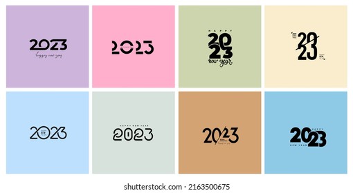 Collection of 2023 Happy New Year logo text design. Сoncept 2023 number design template. Vector colored 2023 Happy New Year symbols. Illustration with black labels isolated on colorful background.